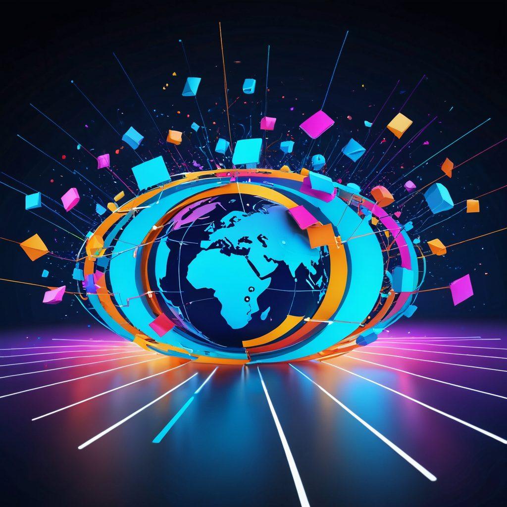 An abstract representation of interconnected video clips forming a web of connections in a digital landscape. Illustrate diverse people engaging through their video screens, symbolizing global interaction and community. Incorporate vibrant colors and dynamic shapes to emphasize movement and energy, with elements like play buttons and video icons scattered throughout. super-realistic. vibrant colors. 3D.