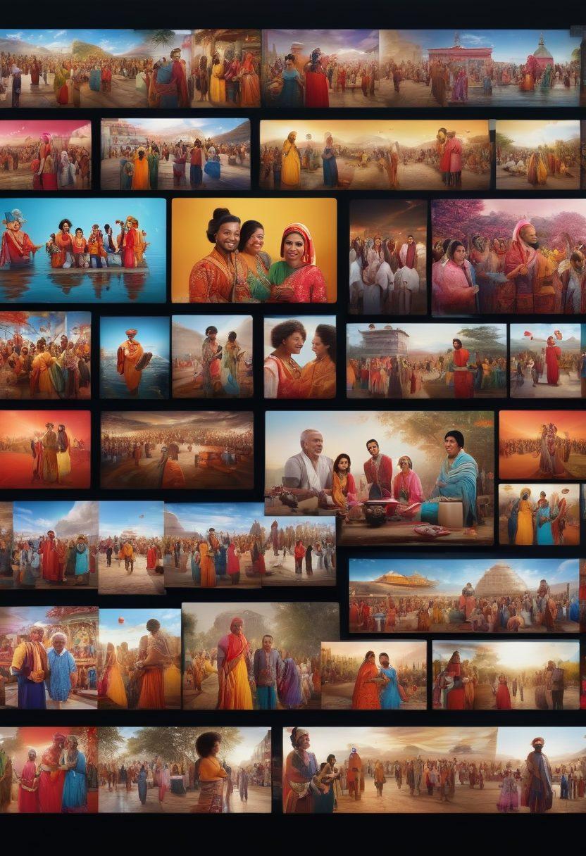 A diverse group of people from various backgrounds smiling and interacting around screens showing video sharing, symbolizing community connections. Vibrant colors depicting joy and collaboration, with visual elements of video play buttons and heart icons floating around. The scene should have an inviting, warm atmosphere that embodies togetherness and creativity. Each individual should represent different cultures, showcasing inclusivity and connection. super-realistic. vibrant colors. 3D.