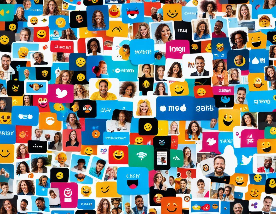 A vibrant collage of user-generated video thumbnails featuring diverse people laughing and having fun while recording on various devices. Include elements like a smartphone, tablet, and laptop showcasing snippets of funny moments. Surround the collage with colorful sound waves symbolizing connection and entertainment. The background should be dynamic and inviting, filled with playful icons like emojis and film reels. super-realistic. vibrant colors. digital illustration.